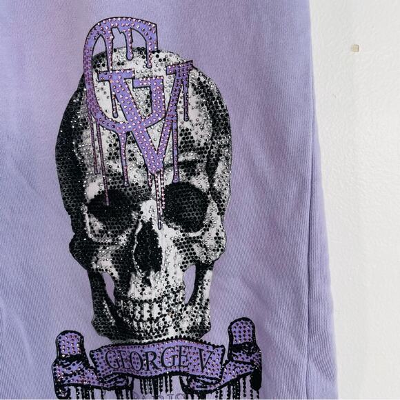 Avenue George V Purple Rhinestone Crystal Dripping Skull Drawstring Shorts 3X - Picture 5 of 10